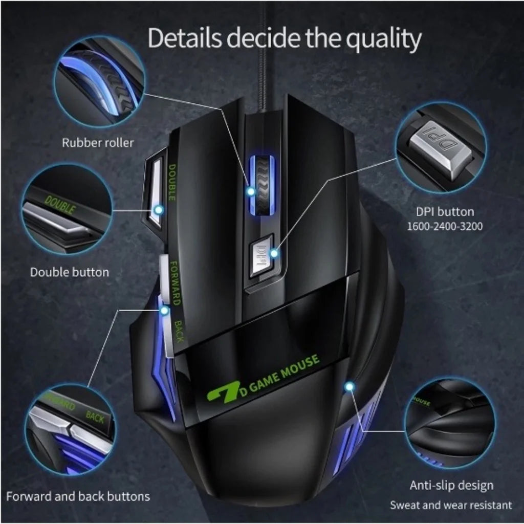 Mouse gamer para computador 3200dpi com LED laser X7 USB, 7 Botões-Profissional