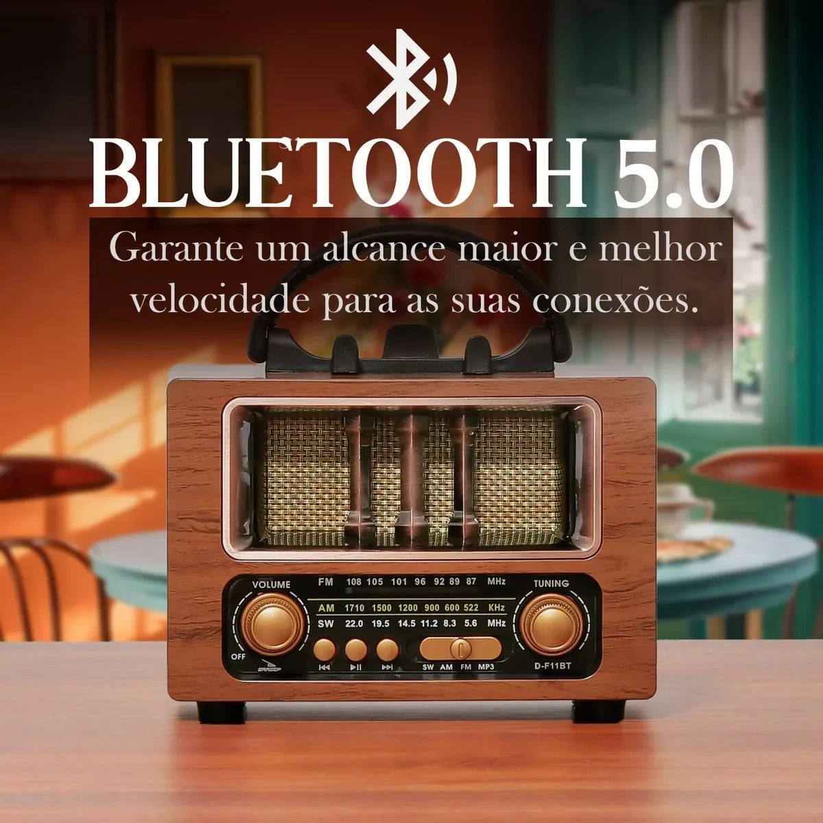 Rádio retrô portátil Bluetooth USB AM FM recarregável