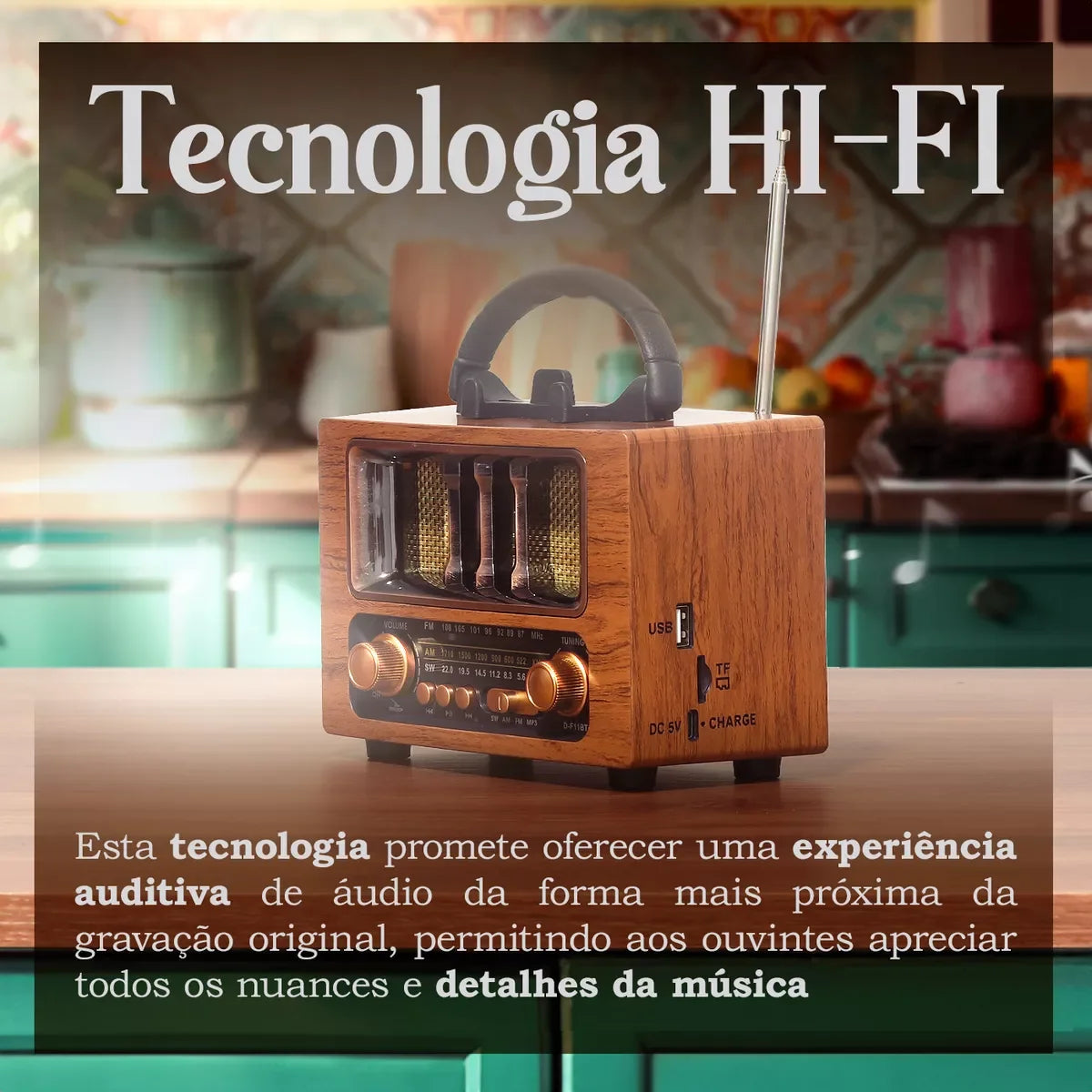 Rádio retrô portátil Bluetooth USB AM FM recarregável