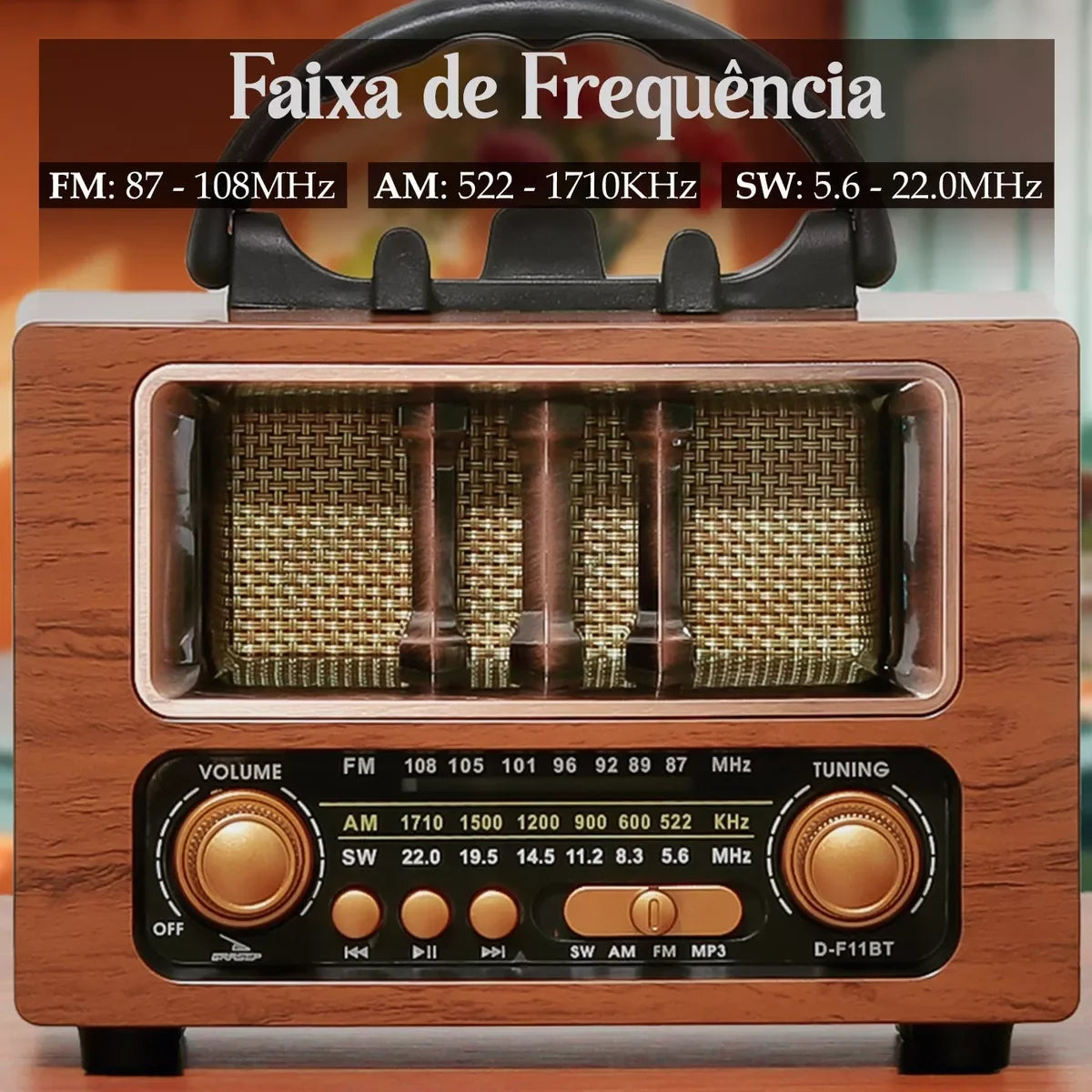 Rádio retrô portátil Bluetooth USB AM FM recarregável