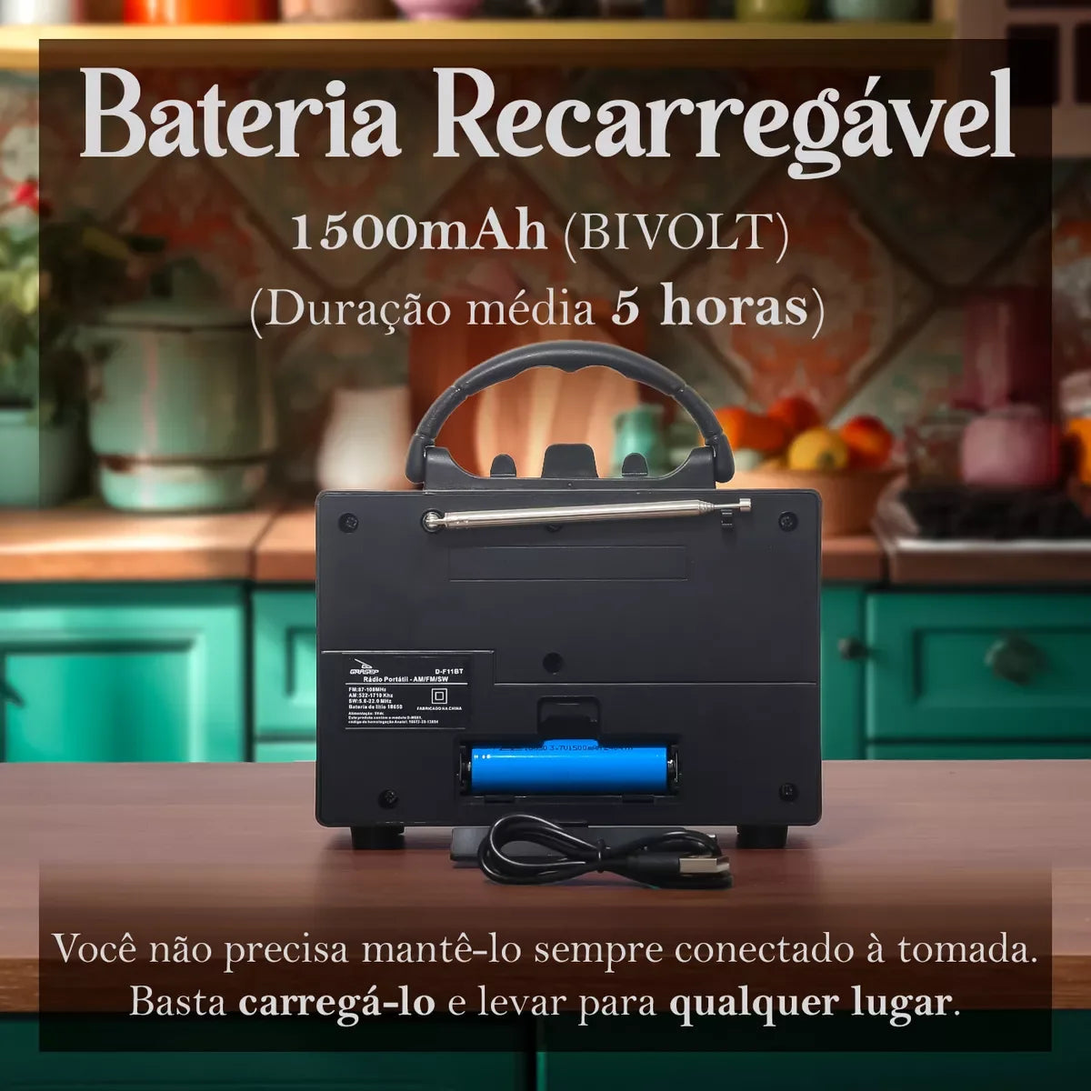 Rádio retrô portátil Bluetooth USB AM FM recarregável